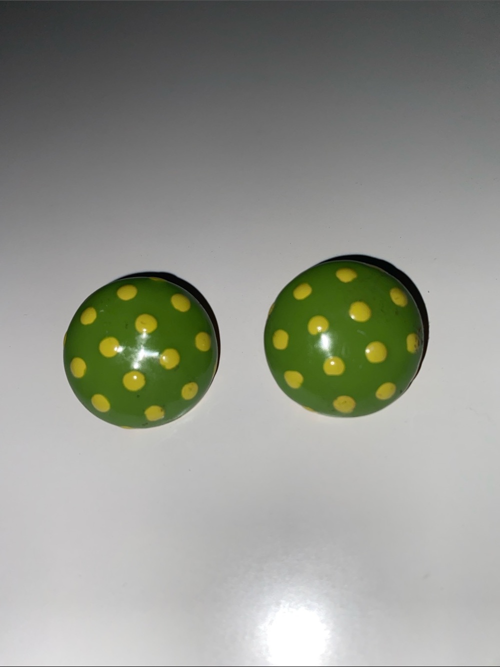 Green and Yellow Polka Dot Button Gold Tone Earrings
